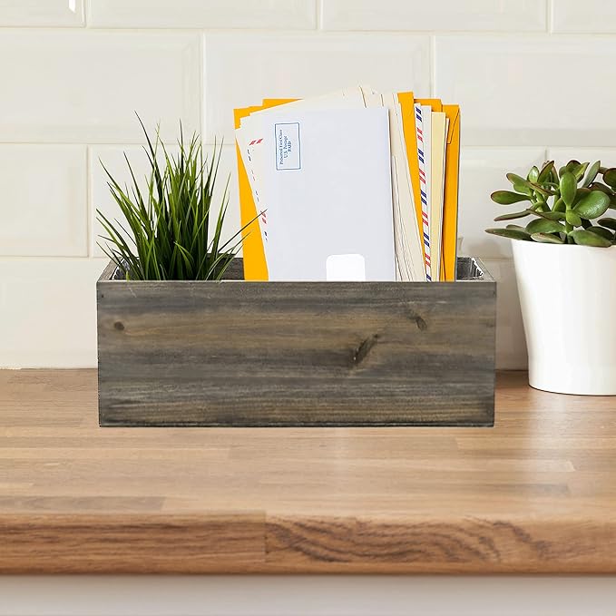 CYS EXCEL Small Natural Brown Wood Rectangle Planter with Removable Plastic Liner (H:4" Open:10"x5") Country Rustic Indoor Decorative Box for Flower Succulent