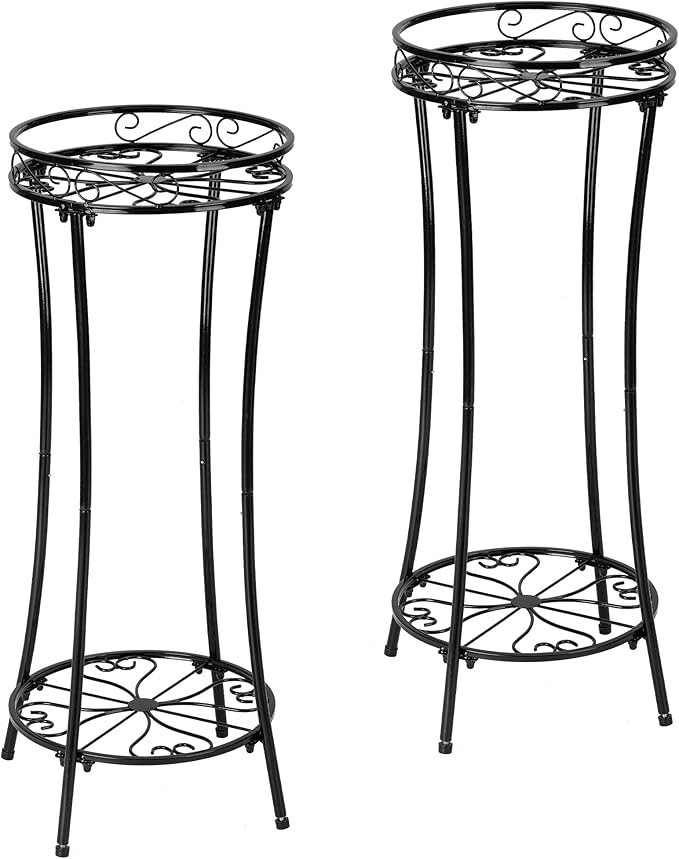 Azysow Plant Stand Indoor Outdoor 2 Tier 29" Tall Metal Heavy Duty Rustproof Plant Shelf, Round Multi Tier Flower Pot Holder for Garden Patio Balcony, Black (Black set of 2)