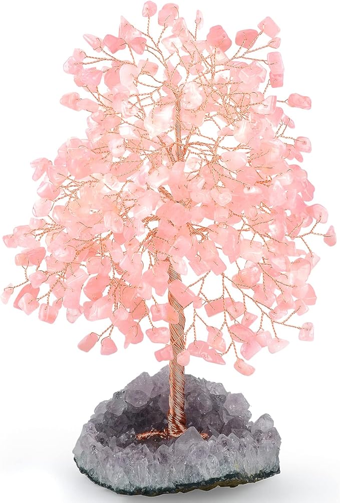 MASGEMES Gemstone Crystal Tree of Life,Natural Rose Quartz(406 Stones Count) with Amethyst Cluster Base,Chakra Positive Energy Feng Shui Decor Bonsai Money Tree,Birthday Gift 8.5''-9''