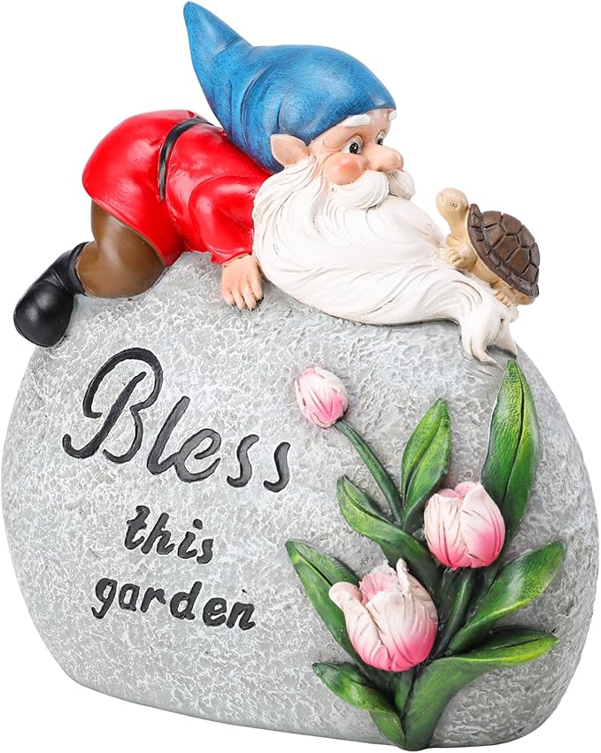Ovewios Garden Stones Statues Outdoor Decor, Novelty Gnome Garden Sculptures Stones Statue with Flower and Turtle Figurine Decoration for Patio Yard Porch Art Home Decor