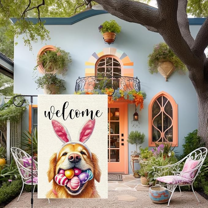 Welcome Easter Garden Flag Dog Spring Seasonal Eggs Sign Yard Holiday Outdoor 12x18 Inch Small Burlap Double Sided flags Decorations