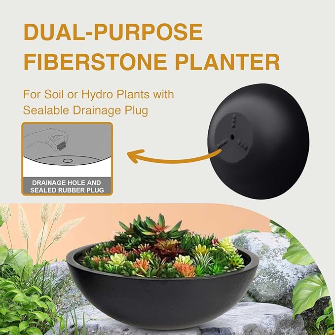 KUTE NEST 7.7" H x 22" D Round Bowl Fiberstone Planter for Succulent and Lotus with Drainage Hole, Smooth Finishes, Weather Resistant, Included 2 Extra Coco Mats (Black, 19.9" Pot Opening)