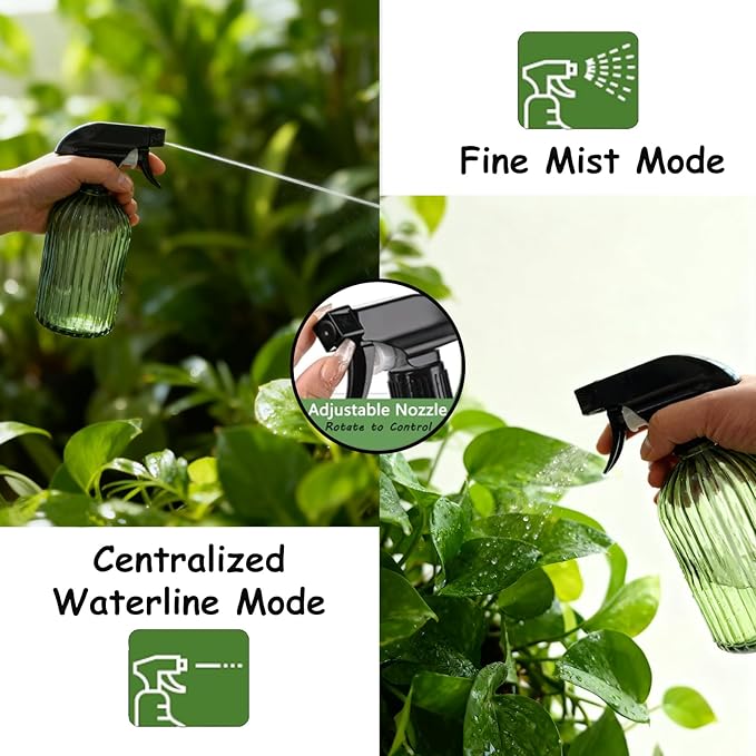 Glass Handheld Spray Bottle, 13.5oz Refillable Water Spray Bottle, Reusable Adjustable Nozzle Plant Mister Spray Bottles Indoor, Plant Mister for Hair, Cleaning, Gardening, Pets Care (Green)