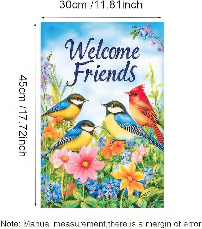 Welcome Spring Garden Flag 12x18 Double Sided Birds and Flowers Yard Flags Welcome Friends Garden Flags Decorative Outside Outdoor House Spring Summer Decoration for Outdoor Lawn Patio