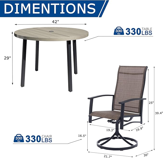 5 Pieces Outdoor Table and Chairs for 4, 42" Honey Oak Round Table with 4 Mocha Swivel Chairs, Patio Set with Swivel Chair, Garden Tables for Outdoor, Patio Dining Set for Lawn Backyard Poolside