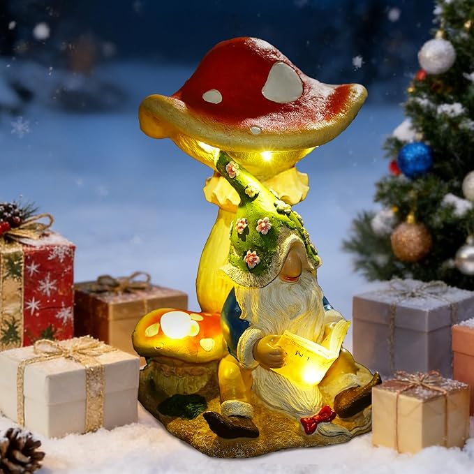 Upgraded Size Solar Garden Outdoor Statues Gnome Reading Under Mushroom with 5 LED Lawn Decor Outside Decorations for Patio, Balcony, Yard Ornament Unique Garden Gift