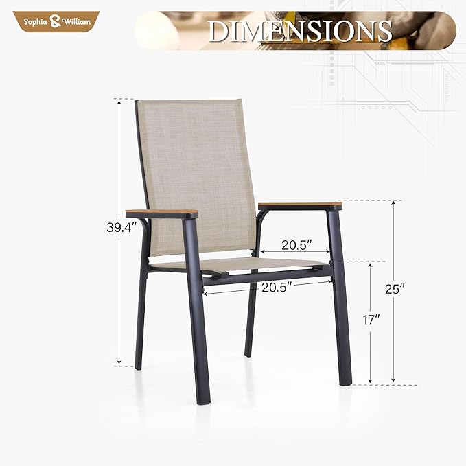 Sophia & William Patio Chairs Set of 2, Lightweight Aluminium Frame and Breathable Textilene Fabric, Stackable Outdoor Dining Chairs - Beige