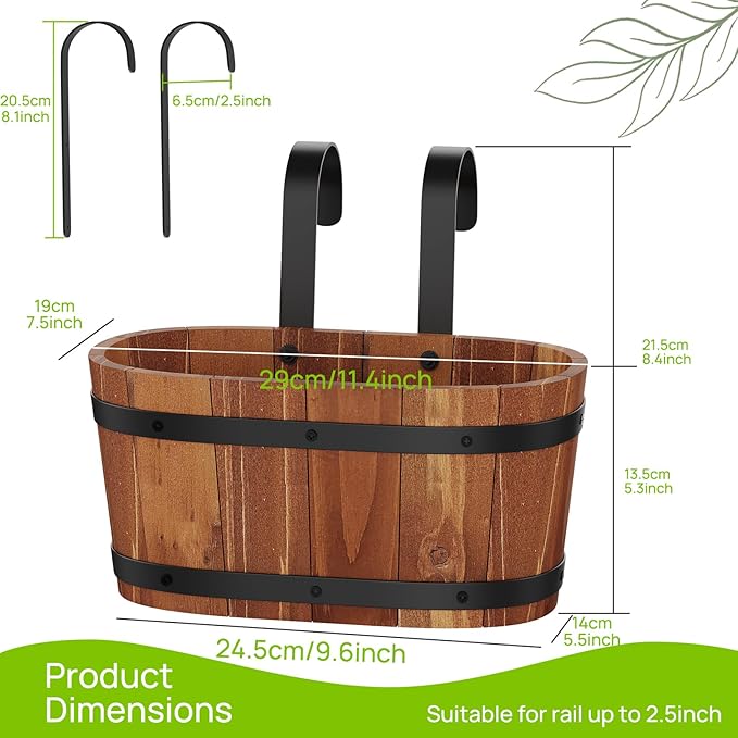 Wooden Hanging Planter for Railing Fence Outdoor Planter Railing Planter Boxes for Plants Wall Planters Window Flower Box Hanging Bucket Pots Countryside Plant Holder (Brown,2pcs,Small)