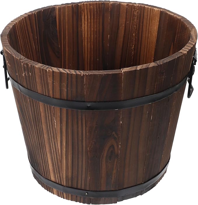 Yardwe Solid Wood Bucket Planter with Drainage Hole Rustic Carbonized Wooden Flower Pot for Indoor and Outdoor Balcony Decor Vintage Succulent Plant Container 11.81 X 9.44 X 9.05 Inch