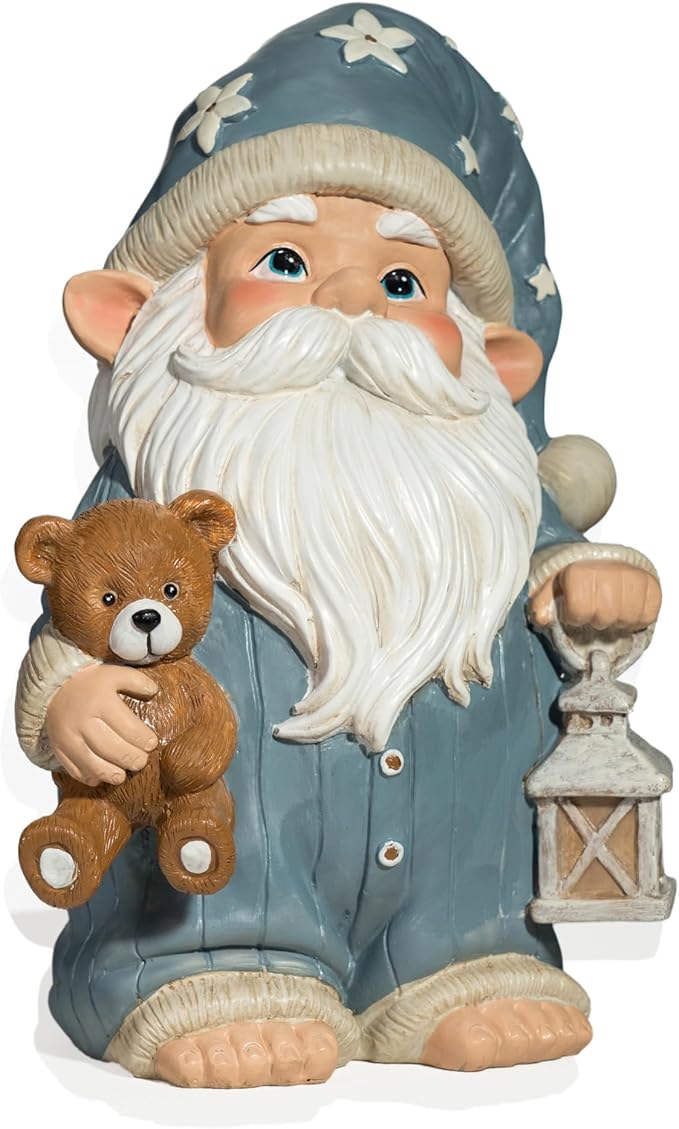 Sleepy Garden Gnome with Teddy Bear & Lantern - 9" Weatherproof Resin Statue - Indoor Outdoor Decor - Whimsical for Home, Patio & Lawn