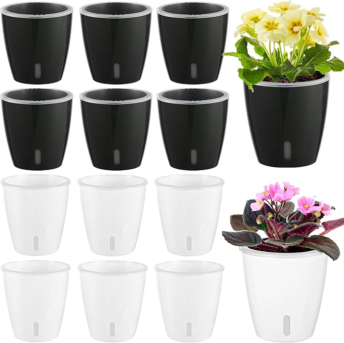 KvyusFlourish Self Watering Pots for Indoor Plants, 12-Pack 5'' Self Watering Planter with Drainage Holes, Small African Violet Pots with Water Level Indicator, Clear Wick Pot, White/Black