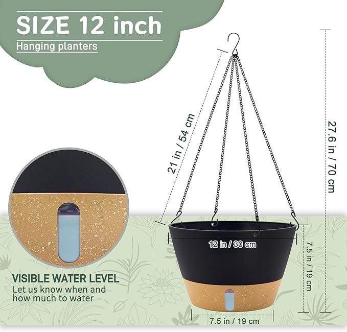 ZMTECH 12 Inch Hanging Planters for Indoor, Large Hanging Plant Pot with Visible Water Level and Chain, Self Watering Hanging Flower Pot for Outdoor Garden Porch(Dark Gray)