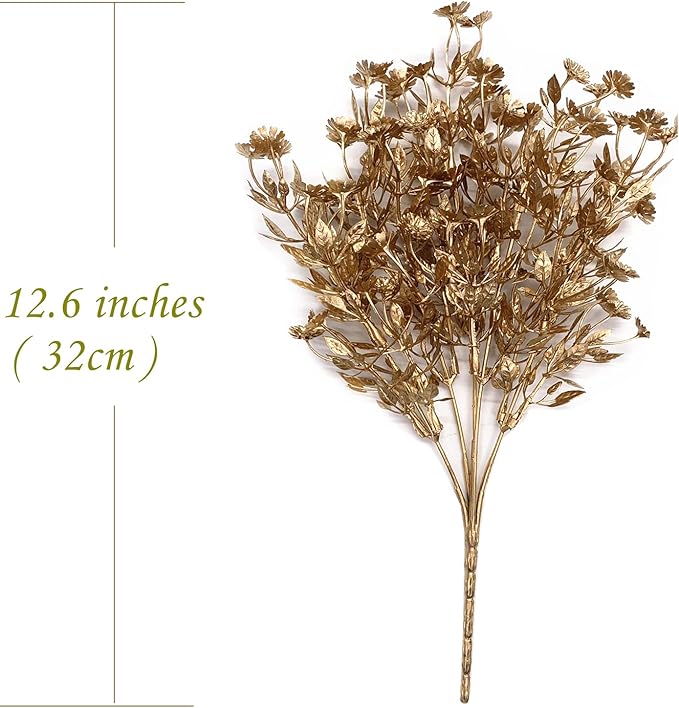 Artificial Plants for Christmas Decor, Plastic Golden Daisy leaves Faux Shrubs Simulation Flower Indoor Outdoor Home Garden Planter Filler Party Hotel Verandah Wedding DIY Decoration - Gold 2 Pack