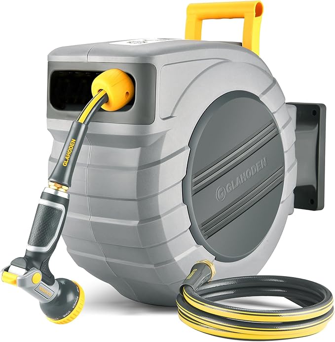GLAHODEN Retractable Garden Hose Reel - 1/2 in x 130 ft Upgraded UV Resistant Automatic Wall Mounted Water Hose Reel 3/4 in Brass Fitting 9 Pattern Nozzle Any Length Lock Slow Retraction 180°Swivel