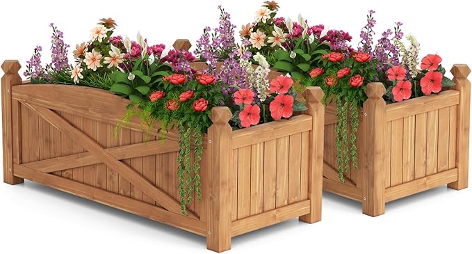 HAPPYGRILL Wooden Raised Garden Bed, 2 Solid Wood Gardening Plant Container w/Drainage Holes for Flower Vegetable Fruit, Outdoor Elevated Planter Box for Patio Garden Yard Balcony (36”x 16”x 15”)