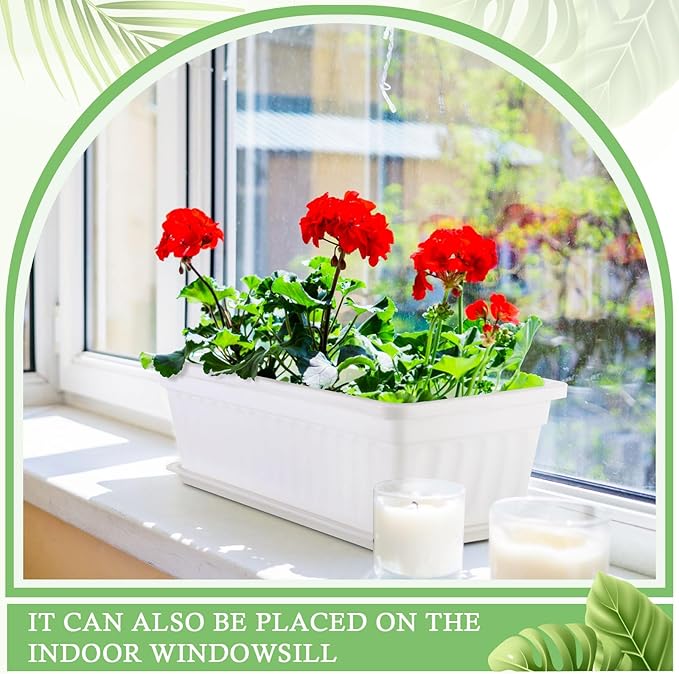 Lallisa 18 Pack Window Box Planter 17 Inches Plastic Vegetable Flower Planter Boxes with Tray White Rectangle Indoor and Outdoor Flower Pots for Windowsill, Patio, Porch, Garden, Balcony