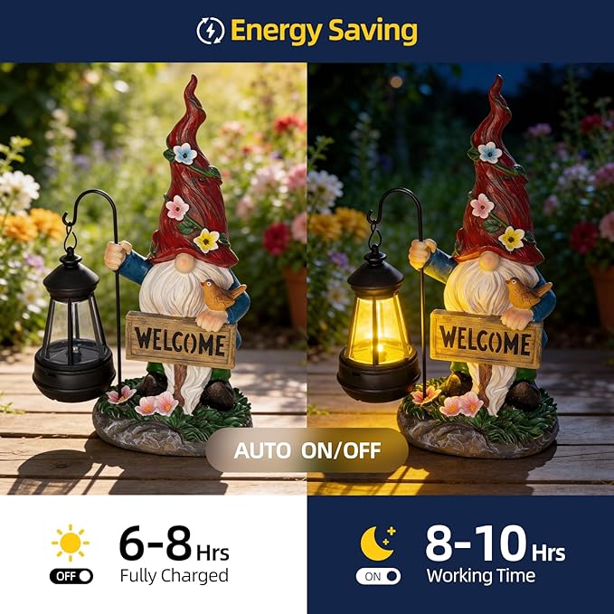 Garden Decor Gnomes Outdoor Statue with Solar Lights-Solar Garden Gnomes Decorations for Patio Lawn Yard Balcony with Lantern,Welcome Sign with Butterfly Flower, Birthday Gifts for Women Mom Grandma