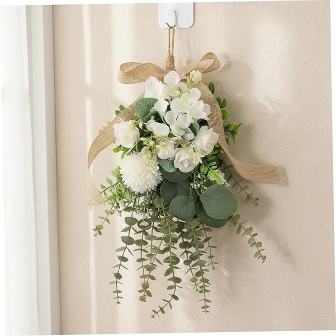 Teardrop Wreath, Large Floral Swag - Artificial White Eucalyptus and Chrysanthemum Hanging Bouquet for Front Door, Wall, and Wedding Decor