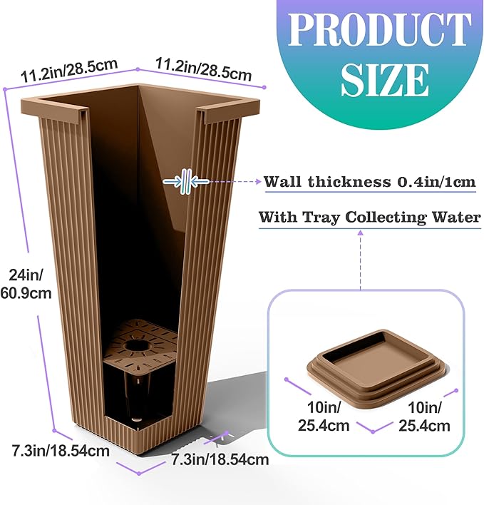 TUYOHW 24 Inch Tall Tapered Square Planters (Set of 2) - Indoor Outdoor Large Flower Pots with Built-in Drainage & Matching Water Tray for Patio, Garden, Home - Brown