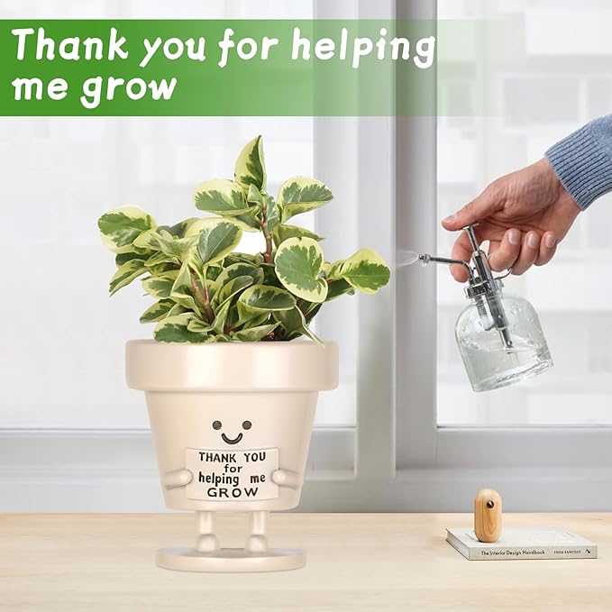 KIUGCO Funny Smiley Face Planter Pots with Drainage - Unique Cute Resin Flower Pot for Indoor Outdoor Plants Succulents Cactus Teacher Appreciation Gifts