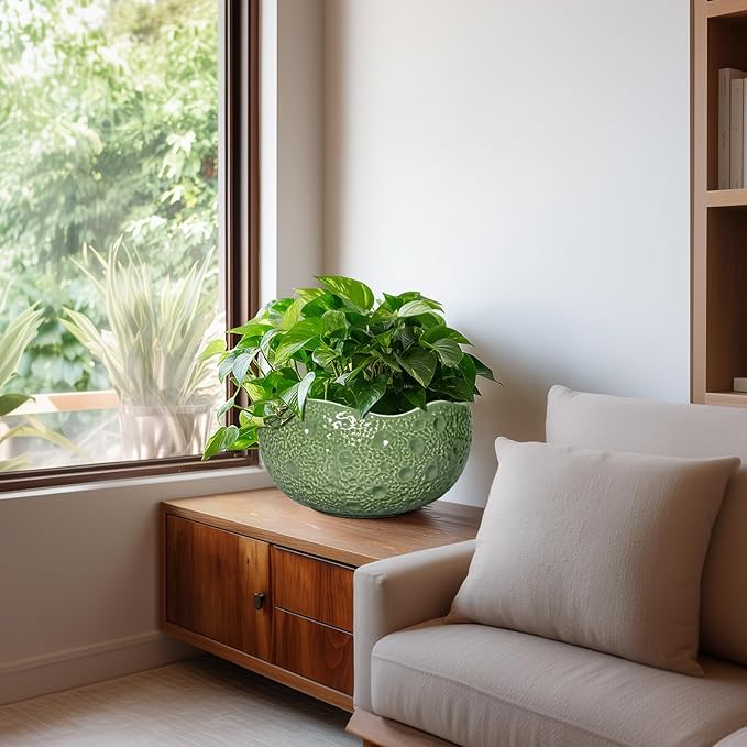 Thirtypot Ceramic Pots for Plants - 10 Inch Plant Pot for Indoor Outdoor, Round Bonsai Pots with Drainage Hole, Modern Planter, Decorative Flower Pot, Living Room Decor, Gifts for Plant Lovers, Green