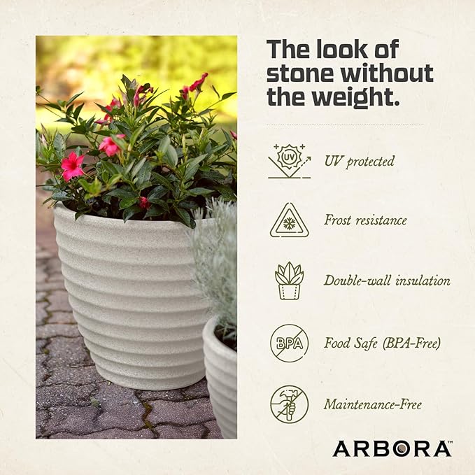 ARBORA 16" Ibiza Polyresin Indoor and Outdoor Planter with Classic Cream Finish - Durable, Weatherproof, Lightweight, Large Plant Pot for Patio, Garden, Deck, Entryway