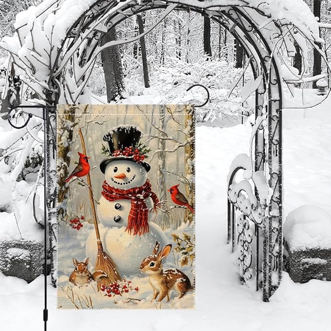 Snowman Garden Flag 12x18 Inch Double Sided Burlap Winter Cardinal Animal Scene Holiday Christmas Yard Flag Small Seasonal Outdoor Welcome Banner for House Porch Lawn Decor