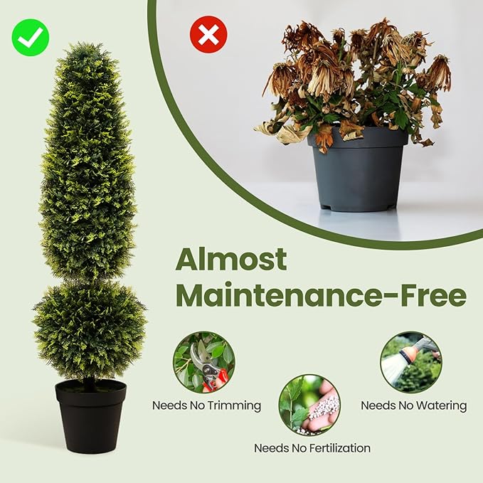 Goplus 4FT Artificial Cedar Topiary Trees for Outdoors, Faux Potted Plants Cypress Trees with Natural Vines, Cement Pot, Fake Evergreen Artificial Topiary for Indoor Home Front Porch Decor