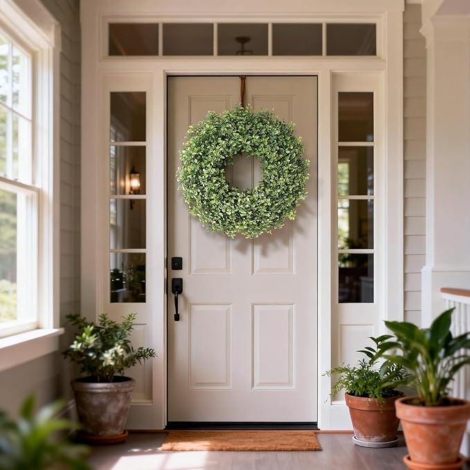 26" Artificial Boxwood Wreath for Front Door - Large Faux Aglaia Odorata Wreath, Fake Eucalyptus Leaves Plants for Wall Window Farmhouse Outdoor Decor - Spring, Summer, All Seasons (Green)