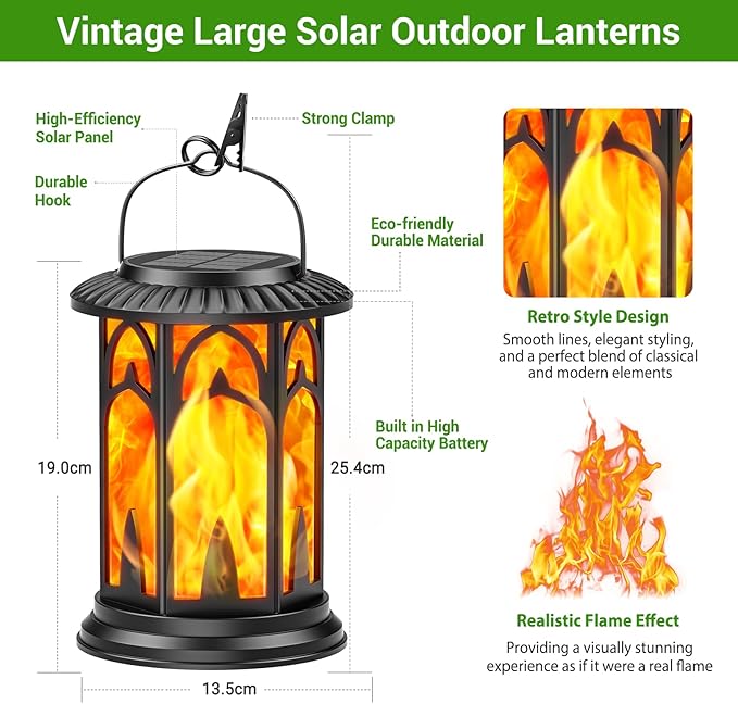 KOOPER Taller Solar Lanterns Outdoor Waterproof Hanging Solar Lantern Lights, 2Pack Upgraded Flickering Flame Lanterns Decorative Outdoor, Battery & Solar Powered lantern for Garden Yard Decor (Black)
