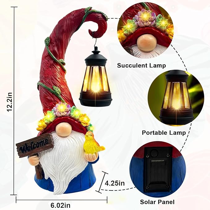 Gnome Garden Decor Statue - Solar Lantern Christmas Gnomes Decorations for Yard with Succulent and 6 LED Lights Outdoor Decoration for Patio