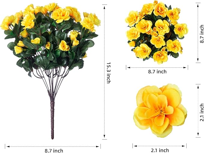 Ivydale Artificial Fake Flowers Plants for Outdoor Outside Spring Decor, Faux Silk Yellow Camellia UV Resistant Look Real for Planter Pot Porch Patio Balcony Garden Yard, 3 Large Bundles