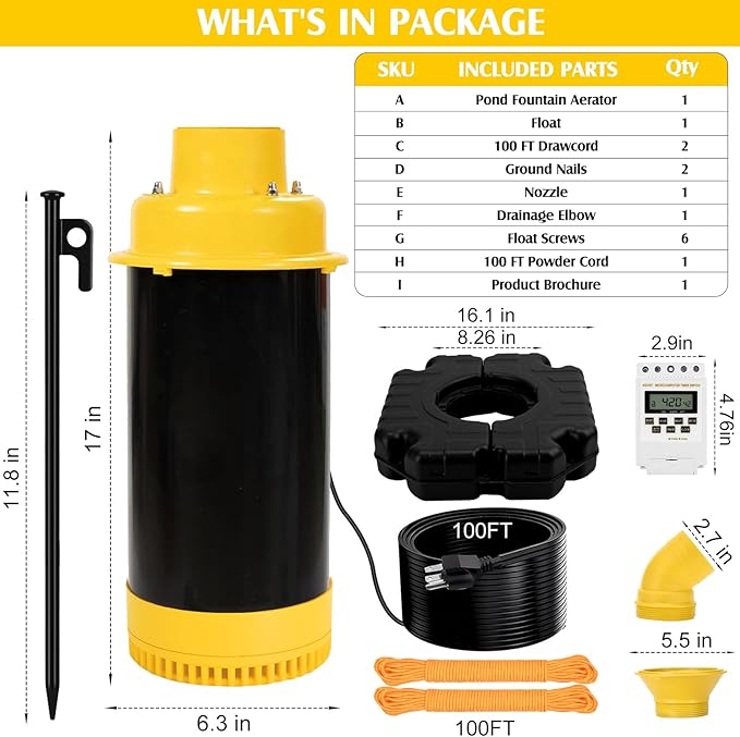 Pond Fountain Aerator Burnvale BU-F4, 1HP 15000 GPH Floating Pond Aerator Fountain with 100FT Power Cord, Timer, 2x100FT Traction Rope for Large Ponds, Lakes, Farm, Ranch, Outdoor Large Fish Pond