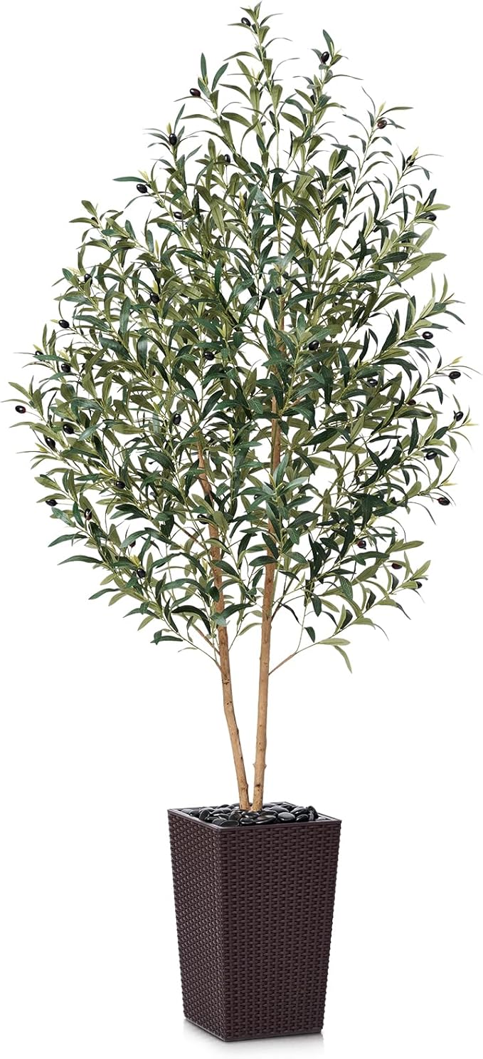 VeriNatural Artificial Olive Tree 6FT - Tall Faux Olive Trees with Natural Wood Trunk, Silk Leaves, Brown Taper Planter & Pebbles, UV Resistant Fake Plants Indoor for Home Decor, Office,Outdoor,VN131