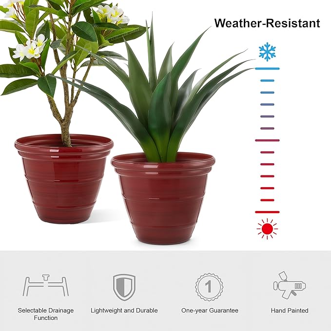 Glitzhome 15.5" D Large Flower Pots, Set of 2 Tall Planters for Outdoor Plants with Drainage Holes,Red Faux Ceramic Finish,Round Plastic Tall Flower Pots for Garden, Patio, Porch or Indoor Use