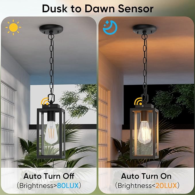 Dusk to Dawn Outdoor Pendant Light, Modern 1-Light Outdoor Hanging Lantern, Matte Black Aluminum with Clear Glass, Exterior Pendant Lighting Fixture for Porch