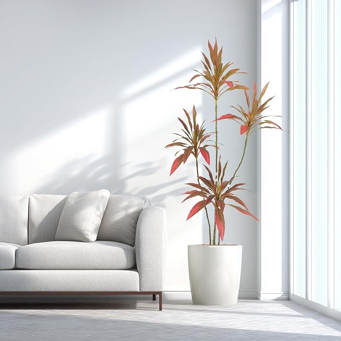 Artificial Cordyline Plant, Indoor Potted Plant, 4 Stems with Black Planter, Suitable for large indoor living room decorations, potted plants, and window display scenes (Red-5.3ft)
