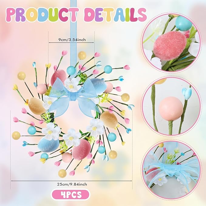 4 PCS Small Easter Wreaths for Kitchen Cabinet Mini Artificial Easter Colorful Egg Wreath for Front Door Spring Summer Hanging Wreath with Ribbon Flower Berry for Porch Window Wall Farmhouse Decor