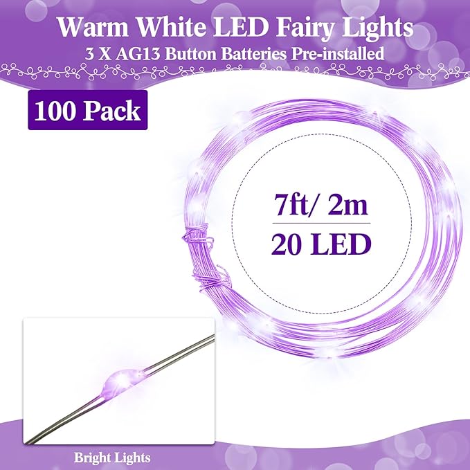 Hortsun 100 Packs Fairy Lights Battery Operated 3 Speed Modes, 7 Ft/ 2 M 20 LED Battery String Mini Waterproof Wire Twinkle Lights Bulk for Wedding Party Birthday Vases Decor (Purple Light)