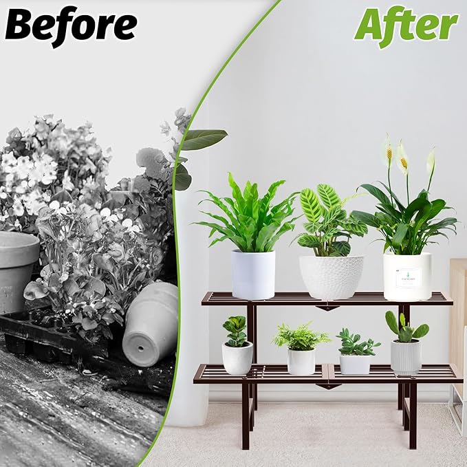 jsyonii 2 Tier Plant Stand Indoor Outdoor, Foldable Metal Ladder Plant Stands,Heavy Duty Tall Plant Shelf Flower Pot Holder Display Shelving for Garden Living Room Patio,Brown