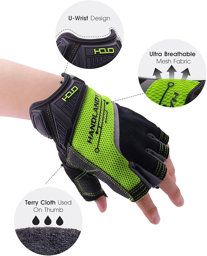 HANDLANDY Fingerless Work Gloves for Men Utility Padded Half Finger Driving Working Gloves (Small, Green)