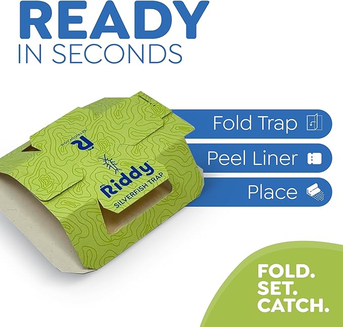 Riddy Insect & Silverfish Traps for Home, Small Trap Catchers for Tight Spaces, Non‑Toxic Glue Sticky Adhesive, Easy Setup for Indoor Infestation Areas, 5 Packs, Each with 2 Traps (10 Total)