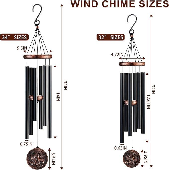 Gabzart Wind Chimes for Outside, Vintage Deer Deep Tone Wind Chime Outdoor Clearance, Patio Porch Balcony Decoration, Garden Hanging Decor Gifts for Women Mom Grandma (34" Deer)