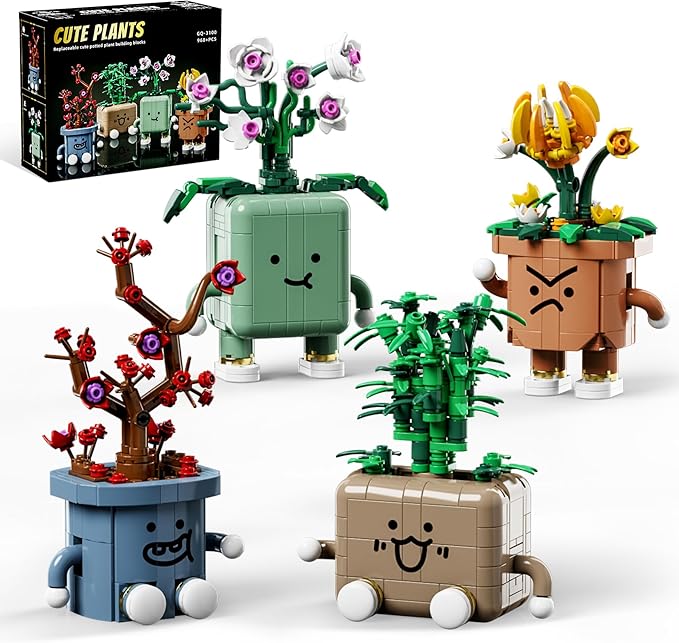 BeepZipp 4-Pot Interchangeable Botanicals Building Kit - Creative Spinning Plant Building Toys with DIY Faces, Mini Desk Decor & Fun Gift for Teens Adults (Orchid, Bamboo, Plum, Chrysanthemum)