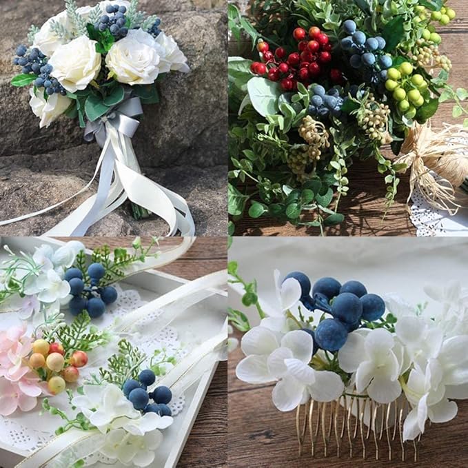 HUIANER Artificial Berries, 8 Pcs Simulation Christmas Flowers Lifelike Blueberry with Stems Fake Blueberries for Wedding DIY Bridal Bouquet Home Kitchen Party Decoration(Blue)