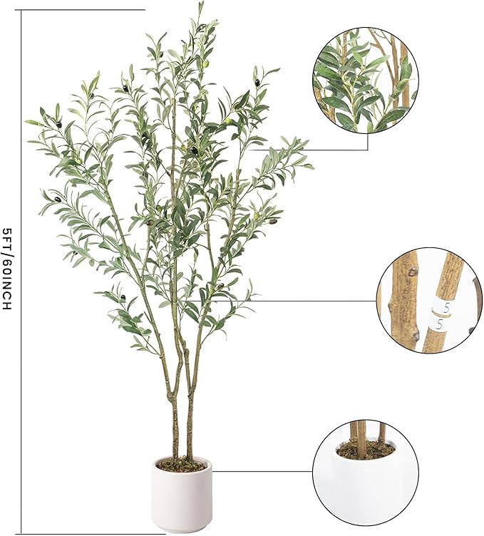 Artificial Fake Olive Tree 5FT Tall 2Pack with White Planter Faux Silk Olive Tree for Home Living Room Office Decor Faux Artificial Plants Indoor with Fruit & Free Moss