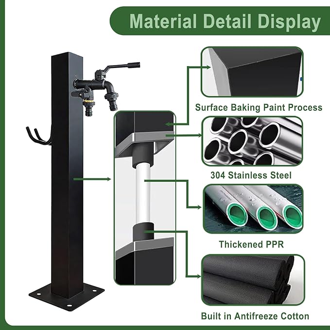 Outdoor Vertical Garden Water Column, Square Freestanding Hose Stand with 2 in 1 Double Brass Faucet, Freeze Proof Vertical Water Hydrant for Exterior Patio Backyard and Lawn