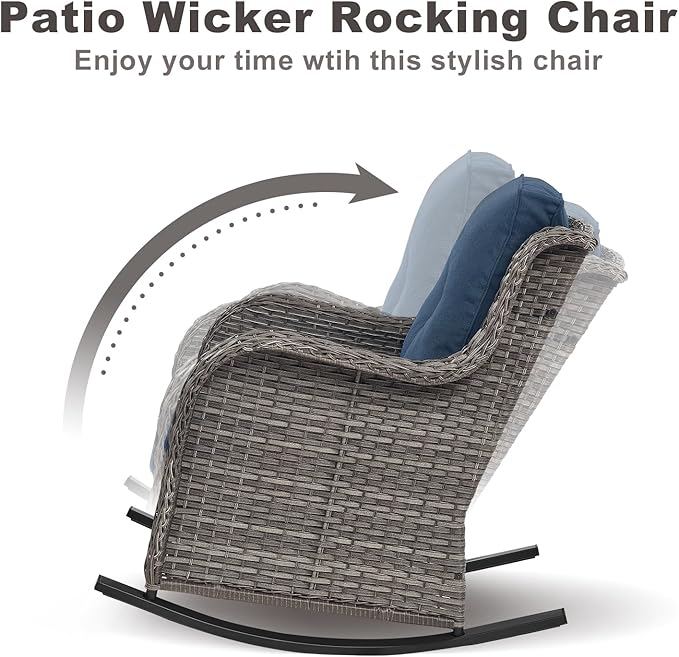 Rilyson Patio Chairs Outdoor Rocking Chair - 3 Piece Wicker Patio Bistro Set Rattan Patio Furniture Rocker Chairs and Side Table for Porch Deck Backyard Garden(Mixed Grey/Blue)