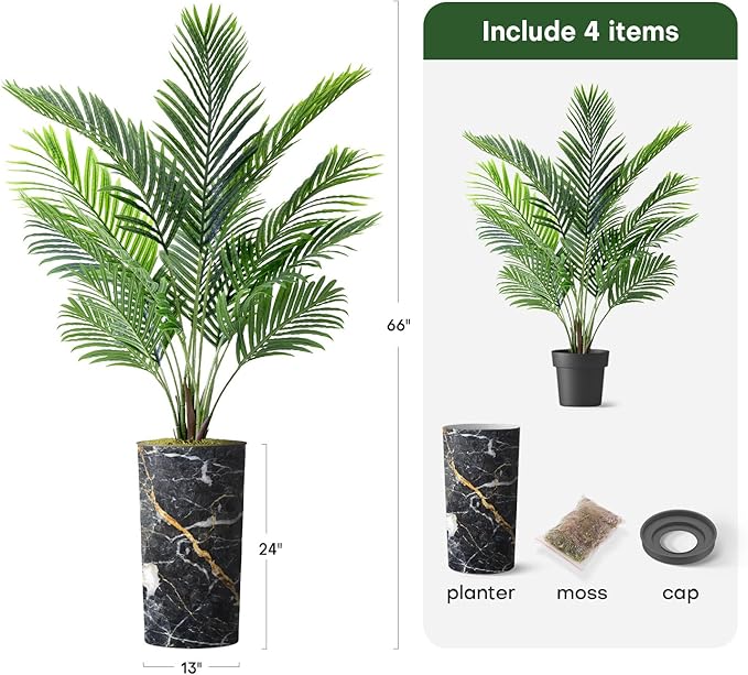 Artificial Tree in Modern Granite Effect Planter, Fake Areca Tropical Palm Silk Tree for Indoor and Outdoor Home Decoration - 66" Overall Tall (Plant Pot Plus Tree)