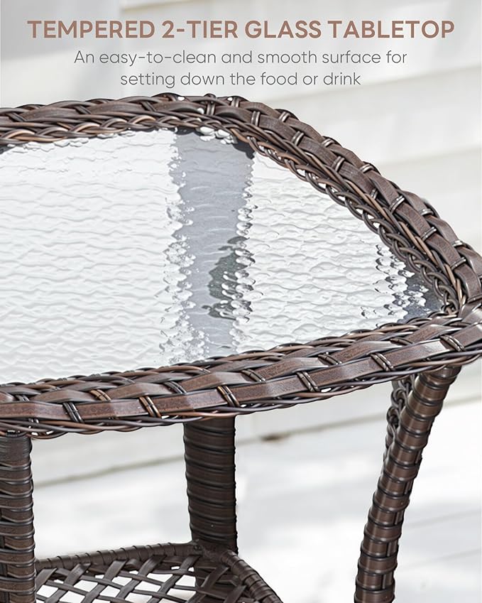 3 Piece Patio Swivel Chairs and Side Table Set - High Back Outdoor Brown Wicker Rattan Rocking Glider with Thick Cushions for Porch Apartment Deck Yard Poolside Garden - Turquoise